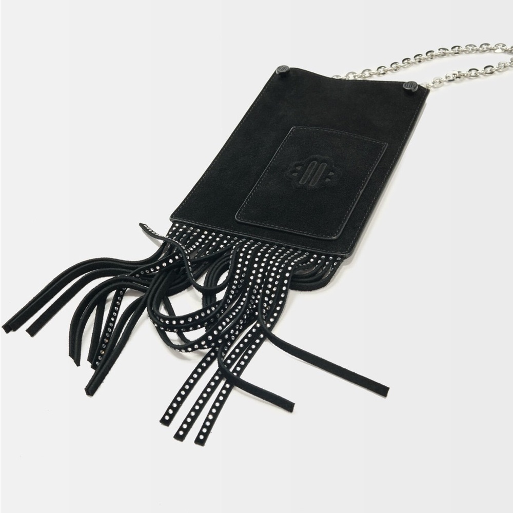 Maje Black Leather Fringe Chain Strap Phone Bag - Picture 5 of 5